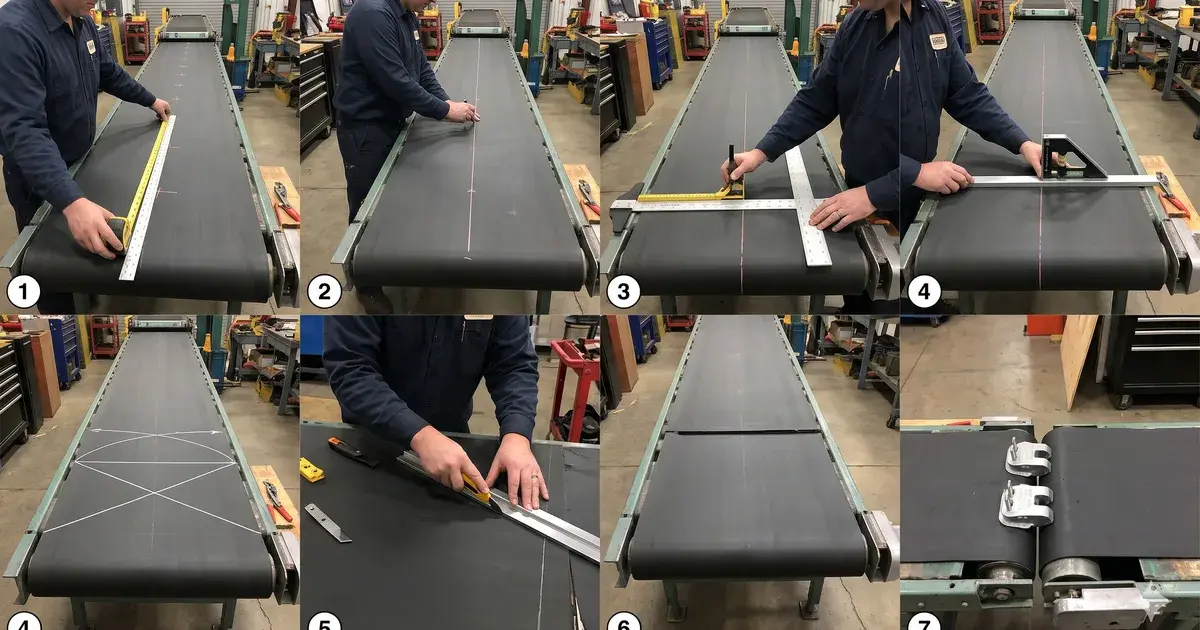 Técnico escuadrando una banda transportadora antes del empalme — Warbel Argentina